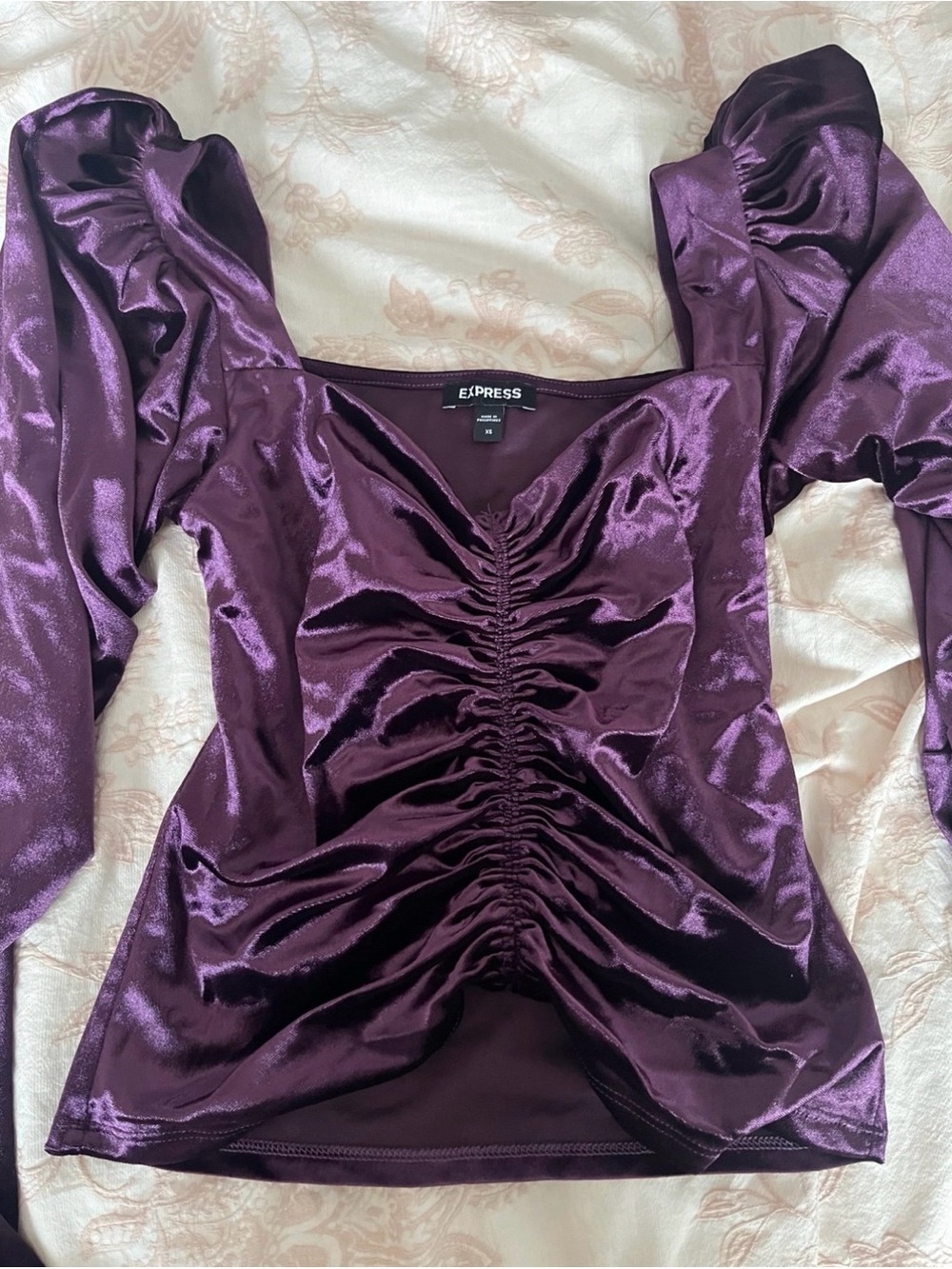 Express Ruched Satin Square-Neck Top in Plum